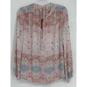 Violet‎ + Claire Womens Floral Tie Neck Blouse Pink Blue Long Sleeve Sz L